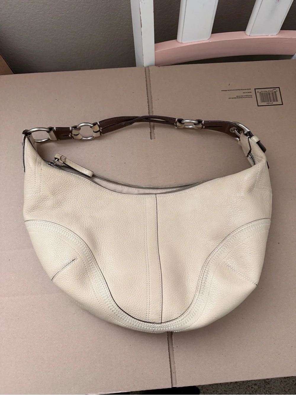 Coach Cream Leather Hobo with Brown Strap and Silver Hardware